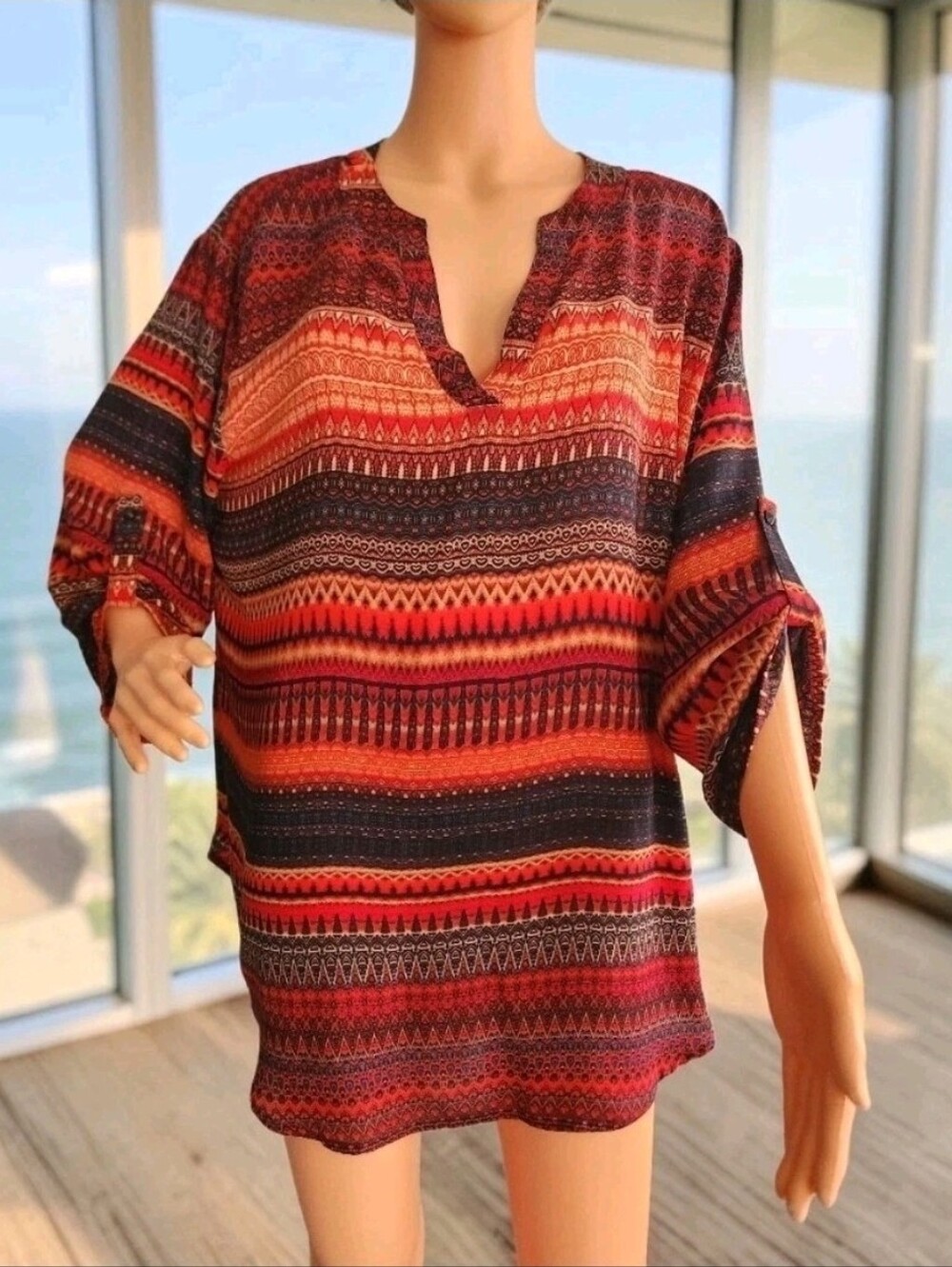 Cato Women Tribal Print Tunic Top Hi-Low Split Neck Roll Tab Sleeve Boho 18/20W